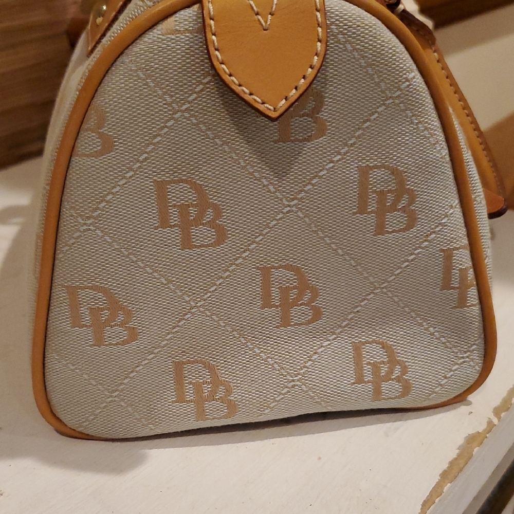 Dooney & Bourke Tassel Tan and Blue Domed Two Handle Satchel Bag - Picture 5 of 15